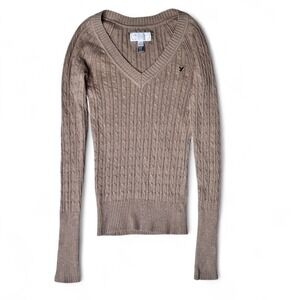 Y2K Cable Knit American Eagle Sweater V-Neck Camel Tan Bella Elena XS Angora Bld